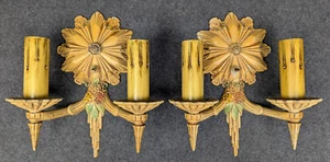 Pair 1920's Sunburst Wall Sconces, Double Candle, Original Finish, Restored - Picture 1 of 9