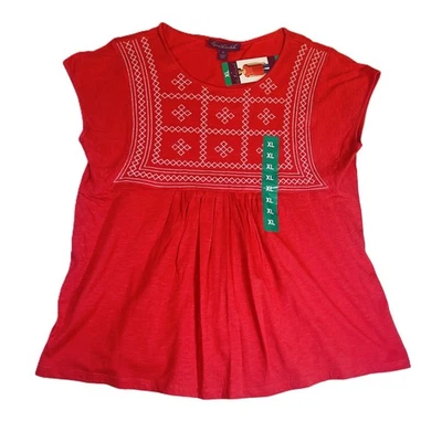 Gloria Vanderbilt Scoop Neck Shirt Woman's XL NEW! Red  White Embroidery Ruched - Image 1 of 4