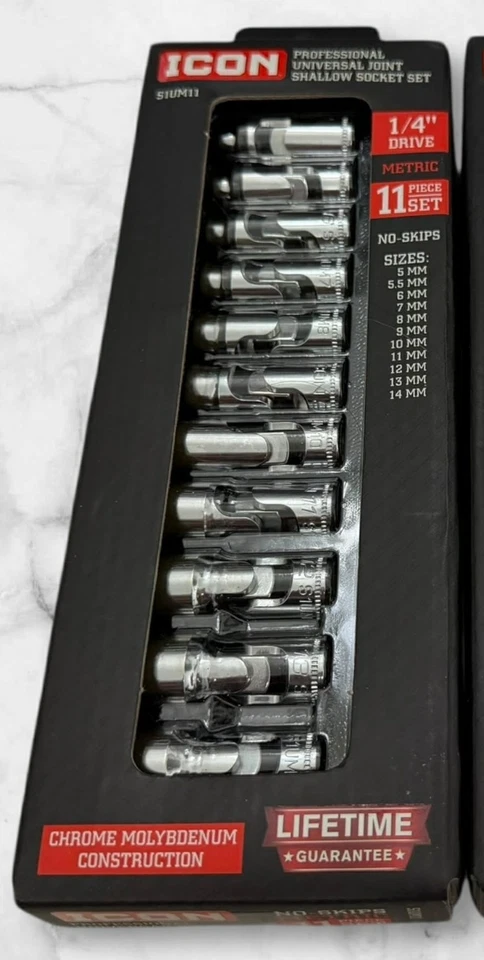 Icon S1UM11 1/4"dr. Metric 11pc Professional Universal Joint Shallow Socket Set