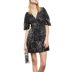 The Kooples Minikleid schwarz weiß Druck V-Ausschnitt Puffärmel Party Größe 0 y2 - Bild 1 von 9