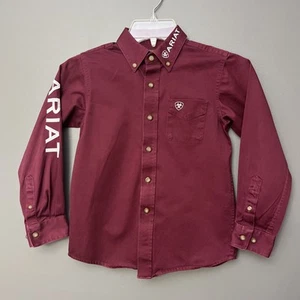 Ariat Shirt Boys XS (7) Maroon Team Logo Rodeo Cowboy Twill Button-Up Spell Out - Picture 1 of 12