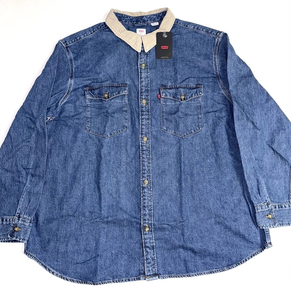 Levi’s Men’s Relaxed Fit Western Shirt Blue Denim Corduroy Collar Size S