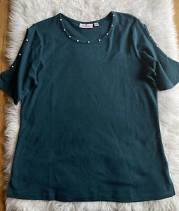 Quacker Factory Medium Teal Cold Shoulder Top Pearl Accents FLAW Bin S - Picture 1 of 9
