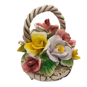 Vtg Capodimonte Floral Rose Basket W/Handle Centerpiece Crown N Italy Naples 10" - Picture 1 of 24