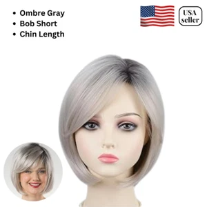 RENERSHOW LAYERED BRUNETTE BOB WIG WITH BANGS - OMBRE GRAY - Picture 1 of 11