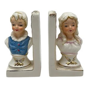 Vintage Wales Co Victorian Dutch Boy And Dutch Girl Porcelain Ceramic Bookends - Picture 1 of 14