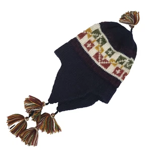 Womens Alpaca Knit Earflap Hat Beanie Tassels Navy Rust Green Grunge Snowboard - Picture 1 of 3