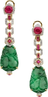 Lab Created Red Ruby, Diamonds & Carved Jade 925 Silver Earrings Estate Jewelry - Image 1 of 4