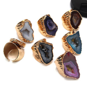 1PC Natural Raw Agate Geode Ring Stone Adjustable Open Gold Plated Irregular NEW