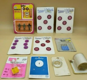 Vintage Lot of 70's Colored Buttons, Sewing Needles, & Thread Spools MOC - Picture 1 of 7