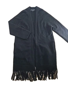 Cárdigan largo de cachemir calavera negro frente abierto dobladillo pequeño con flecos para mujer L/S - Imagen 1 de 9