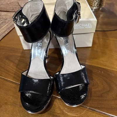 Michael Kors Sandals Silver Mirror Heel Black Leather Wide Ankle Strap 5.5 Shoes - Image 1 of 4