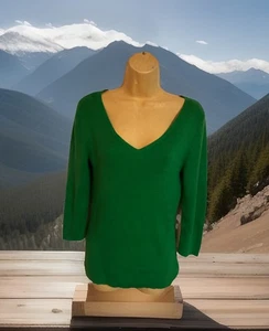 Liz Claiborne Size M Green V-Neck Knit Top 3/4 Sleeves 100% Cotton - Picture 1 of 7