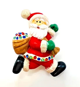 Vintage Santa Running Christmas Brosche; Glitzer, Strass, Harz Urlaub Pin - Bild 1 von 9