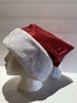 Christmas Santa Claus Hat Soft Red & White Sequins Bling Faux Fur 24” Diam NEW - Image 1 of 4