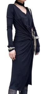 ALBERTA FERRETTI Black Jersey V Neck Long Sleeve Knee Dress & Scarf 8 US -AS NEW - Picture 1 of 7