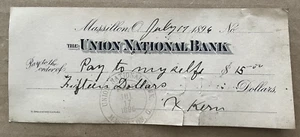 Vintage 1896 MASSILLON OH Union National Bank Check KERN COAL pay to myself - Picture 1 of 5