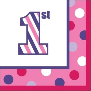 Sweet Stripes Girl Pink Polka Dot 1st Birthday Party Paper Beverage Napkins - Picture 1 of 1