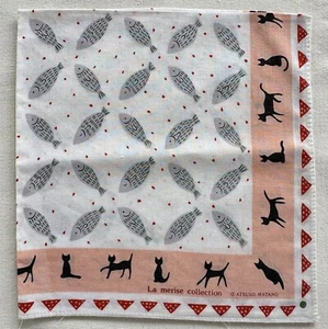 Handkerchief Cotton Geometric Fish Art Border Black Cats Vintage Hanky 16" #M173 - Picture 1 of 4