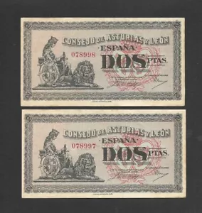 PAREJA CORRELATIVA 2 PESETAS 1937 CONSEJO DE ASTURIAS Y LEON SIN SERIE S/C- - Imagen 1 de 2