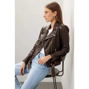 Veda Classic Leather Moto Jacket in Brown L - Picture 1 of 9