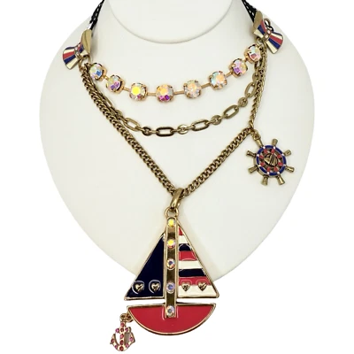 Betsey Johnson Sailboat Nautical Necklace 21" Layered Crystal Navy Ivy League  - Image 1 of 4