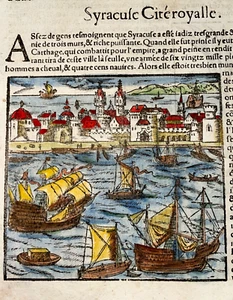 SIRACUSA SICILIA ITALIA 1568 SEBASTIAN MUNSTER ANTIGUO GRABADO VISTA SIGLO XVI - Imagen 1 de 4