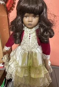 Symour Mann minature doll carrying a Teddy Bear. Red Velvet vest. Lace ruffles. - Picture 1 of 5