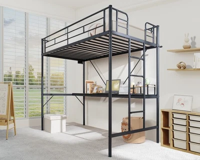 Twin Size Metal Loft Bunk Bed Frame for Kids Teens Adults with Desk Underneath - Image 1 of 4