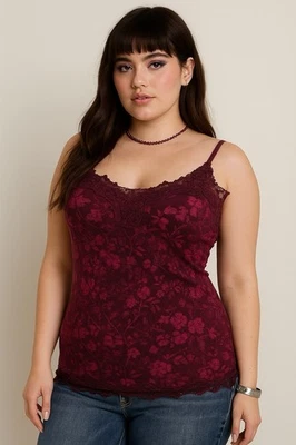 Camiseta sin mangas Lane Bryant para mujer floral 14/16 capas algodón sin mangas cami borgoña Foto 1 de 4