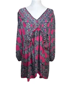 Women’s Plus Size 1x Rose & Olive Pink Boho Pattern Flowy V Neck Babydoll Top - Picture 1 of 16