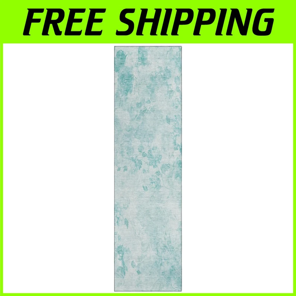 Transitional Aqua Floral Runner Rug 2'3" x 7'6" - Soft & Stain Resistant - Image 1 of 4