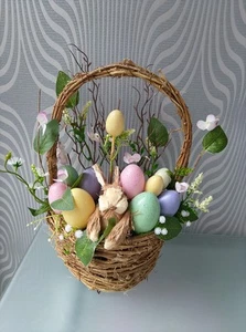 Easter Wicker Basket With Bunny Rabbit, Eggs and Flowers Ornament TK Maxx Style - Picture 1 of 5