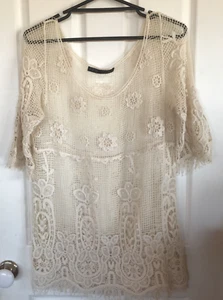 Zara Basic Womens Top Size L/12-14 Crochet Lace Cream Sheer Short Sleeve Fringe - Picture 1 of 12