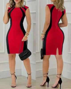 Abito donna elegante midi estivo moda scollo ad O senza maniche bodycon abiti - Foto 1 di 27