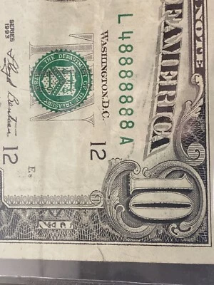 $10 1993 《Fancy Binary Serial Number 48888888》 XF！！！！Super Top Rare！ - Image 1 of 3