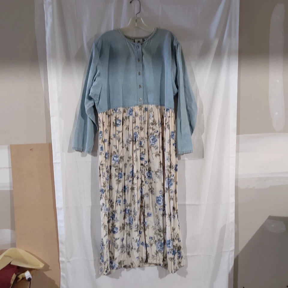 Vintage Bill Blass Women's Beige Denim Peasant Maxi Long Sleeve Dress Size 16 - Image 1 of 4