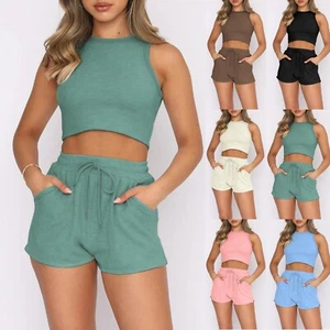 Women 2 Piece Summer Outfits Sets Sleeveless Crop Tank Top and Shorts Tracksuits - Picture 1 of 29