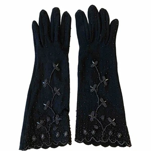 Vtg Style-Rite Nylon Black Beaded Floral Design Stretch Gloves All Sizes - Picture 1 of 13