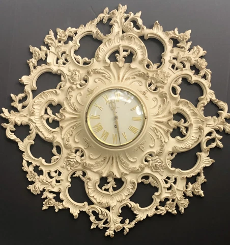 Syroco Wall Clock Jeweled 8 Day Early Molded Wood Original Stamp & Logo No Key Cover