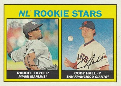 2016 TOPPS HERITAGE  LAZO--MARLINS / HALL--GIANTS--N.L.ROOKIES STARS #185  - Image 1 of 2