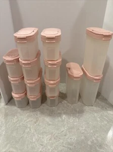 Tupperware Modular Mates 3.5" Spice Shakers 14 pcs w Pink Lids Vintage Preowned - Picture 1 of 2
