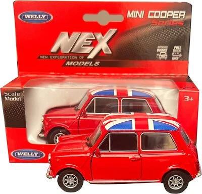 Rojo Mini Cooper Modelo Puertas Abiertas Union Jack Top Die Cast Pull Back and Go Action Foto 1 de 4