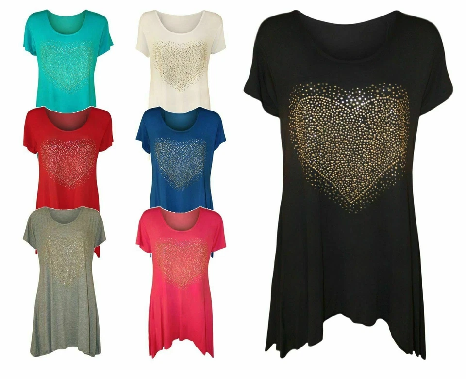 Womens Ladies Heart Stud Printed Plus Size Short Sleeve Hanky Hem Long Top  - Image 1 of 1