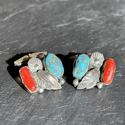 Mike Simplicio Zuni Vintage Turquoise Coral Leaf Cufflinks Sterling Silver Se - Image 1 of 4