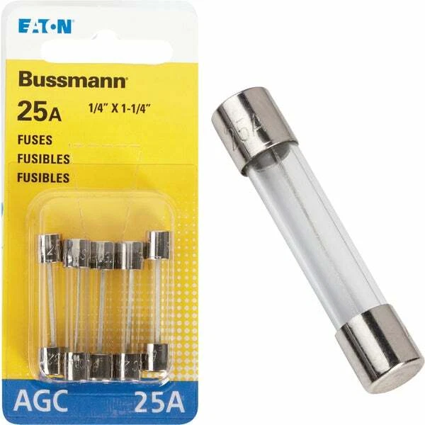 (5-5pk)- Bussmann 25 amperios 32 voltios AGC tubo de vidrio fusible automotriz BP/AGC-25-RP Foto 1 de 1