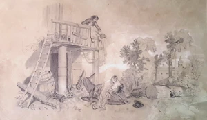 Large Drawing Original 19th Pencil Scene Comic 1849 Characters With Farm - Picture 1 of 4
