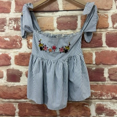 Zara Crop Top Womens Small Blue Multicolor Railroad Striped Floral Casual Shirt - Image 1 of 4