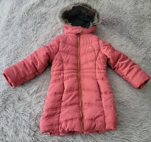 Calvin Klein Aerial Hooded Puffer Jacket Long Coat Girls 4T Rose Gray Fur Pink - Picture 1 of 10
