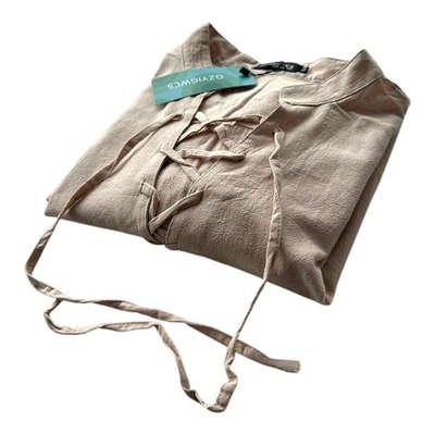 Beach Shirt Men's UK Size XL Beige Button Long Roll Sleave Linen Lace - Image 1 of 4